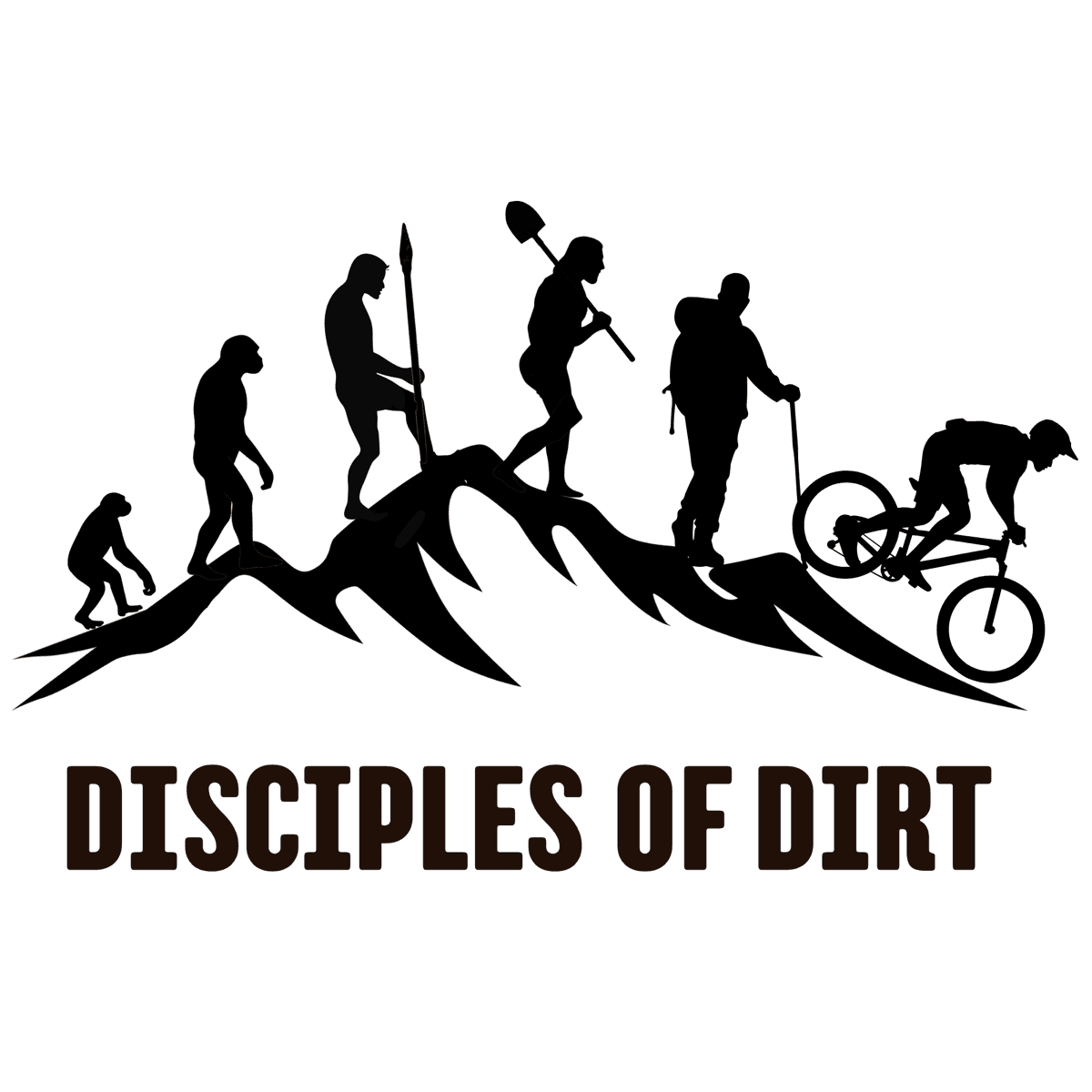 Disciples of Dirt evolution illustration with trail builders and mountain biker