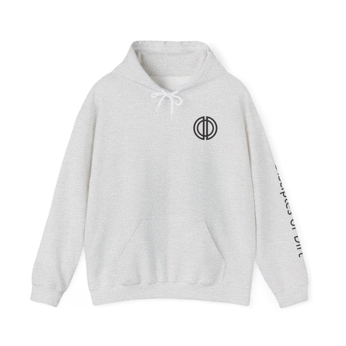 Adult Unisex DOD Hoodie Pullover with shovel back design and sleeve "Disciples of Dirt" text
